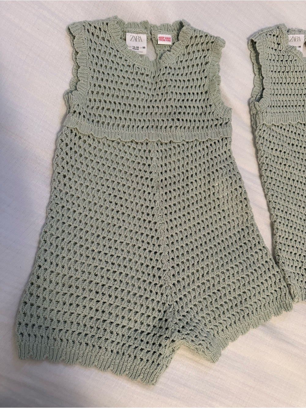 ZARA Kids Light Mint Crochet One-Piece Romper size 12/18 and 2/3